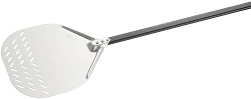 Gi.Metal Pala per Pizza in Alluminio anodizzato neutro (Diametro 32 cm, Manico 60 cm, Peso 0.48 Kg) – Forata sulla Parte iniziale per scaricare la Farina – 100% Made in Italy