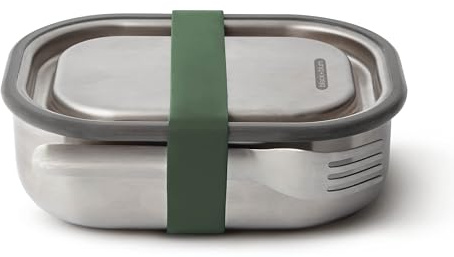 BLACK + BLUM Edelstahl Bento Brotdose, 600 ml, Olive | Luftdicht, Herausnehmbare Trennwand, Edelstahldeckel, Inklusive Gabel, Ofen & Gefriergeeignet, Spülmaschinenfest, Arbeit