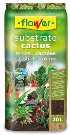 Flower - Sustrato para Cactus y Crasas 20 L | Drenaje y Aireación | con Áridos y Piedra Volcánica | con Abono y Magnesio | Favorece la Oxigenación Radicular