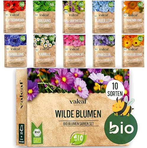 valeaf BIO Wilde Blumen Samen Set I 10 Sorten bienenfreundliche Blumensamen I Premium BIO Samen Blumen I Wildblumen Samen I Blumenmischung Samen I Bienen Weide Wiesenblumen Samen