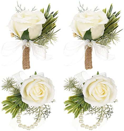 Guador Wedding Boutonniere, 2 Set White Rose Boutonniere and Roses Wrist Corsage Handmade Corsage Buttonhole Flowers Boutonniere Set Rhinestone Ribbon Flower Wedding Accessories