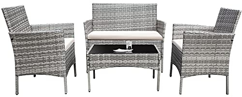 Homall 4 Pieces Outdoor Patio Furniture Sets Rattan Chair Wicker Set,Outdoor Indoor Use Backyard Porch Garden Poolside Balcony Furniture (Grey and Beige)