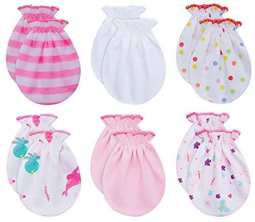RATIVE Baby Mittens Gloves No Scratch Organic Cotton for Newborn 0-6 Months Baby Essentials Must Haves for Boys Girls (6 Pairs/g46)