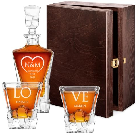 Maverton 950 ml Whiskey Karaffe + 2 Whiskygläser Set mit Gravur - Whisky Dekanter - luxuriöses Design - Kristallglas - für Paar - zur Hochzeit - zum Hochzeitstag - Initialen