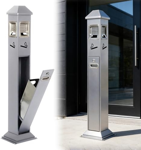 AIWFL Stainless Steel Vertical Trash Bin Outdoor Trash Can Waste Collector Receptacle Container 47 Ash Bin w/Lock (Silver)