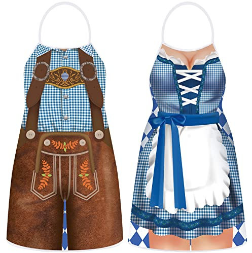Hillban 2 Pcs Oktoberfest Aprons Women Mens German Apron Oktoberfest Costume for Couples Cooking BBQ Party Favor Gifts(Fresh Style)
