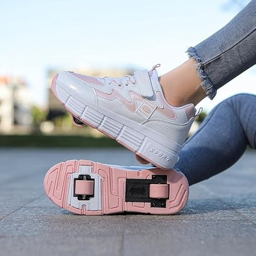 XRDSHY Sneakers Mit Rollen Mädchen Junge Mode Rollenschuhe Skateboard Schuhe Rollen Schuhe Sportschuhe Laufschuhe Mit Automatisch Verstellbares Räder Geeignet Für Erwachsene Und Kinder,Pink-35