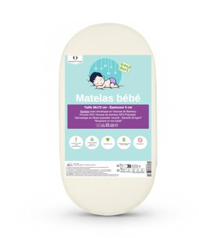 Easy Dort Babymatratze, 36 x 72 cm, für Wiege oder Kinderbett, hergestellt in Frankreich, antibakteriell, Sommer und Winter, doppelseitig, sehr bequem, Bezug aus Bambus, Oeko-Tex®, Weiß