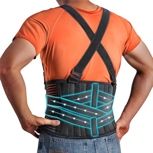 QIBODA Work Back Brace with Removable Suspender Straps, Lumbar Posture Corrector for Heavy Lifting Safety Protector, Back Support Belt for Men Women in Moving, Construction and Warehouse Jobs Large