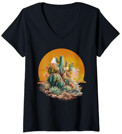 Retro Vintage Saguaro Cactus Opuntia Cactaceae Sunset V-Neck T-Shirt