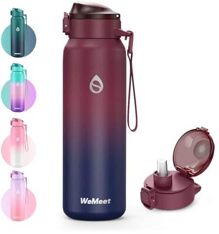 WEMEET Trinkflaschen Edelstahl mit Abnehmbare Strohhalm 1 Liter, [18/10 Edelstahl] Isolierflasche mit Removable Gurte, Auslaufsicher Doppelwandig Thermosflasche für Outdoor, Arbeit, Schule ROT SCHWARZ
