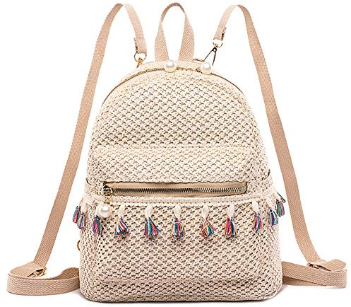 LYEAA Mochila universal de paja para mujer, con borlas, para verano, playa, hombro, escuela, viajes, compras, viajes