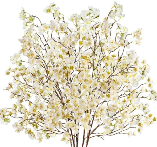 Avoik Kunstblumen Kirschblüten Deko, 5 Stück Künstliche Seidenblumen Pfirsichblumen Zweige, 100cm Lange Stiele Kirschblüten Sakura Frühlingsblumen für Balkon Garten Büro Vase Hochzeit, Weiß