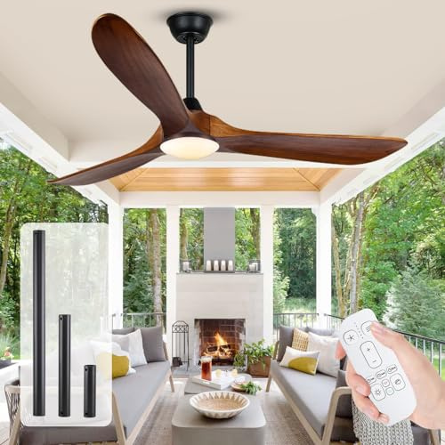 OUENGK Moderner 60-Zoll-Deckenventilator aus Holz mit Fernbedienungslicht, dreiflügeliger deckenventilatoren für den Innen- und Außenbereich, 152 cm