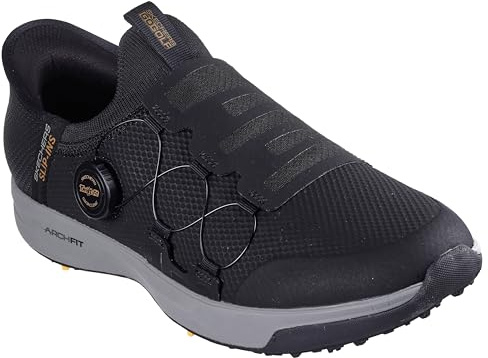 Skechers Go Golf Elite Vortex Slip Ins Sneaker für Herren, Schwarzes Synthetik-Textil-Grauer Besatz, 44,5 EU