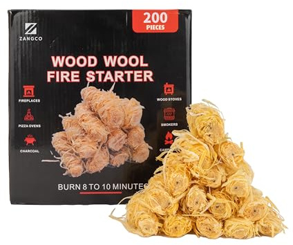 Zangco Natural Wood Wool Firelighters, 200 Count, Eco-Friendly Fire Starters for BBQ, Stove, Fireplace, Fire Pit, Wood Stoves, Smokers