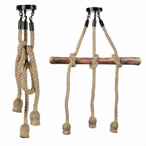 Retro Hanfseil Industrie Kronleuchter, 100cm Pendelleuchte Hanfseil 3 Köpfe Kronleuchter, Industriestil Hängeleuchte Pendelleuchte mit E27 Lampenfassungen für Wohnzimmer Café Restaurant