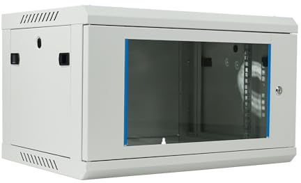 Netzwerkschrank 19 Zoll 6HE I 450 mm Tiefe I Serverschrank Grau montiert | Wandmontage I abschließbare Glastür I voll montiert I 100 kg Traglast I 600×450×369 mm (Grau - 45cm, 6HE)