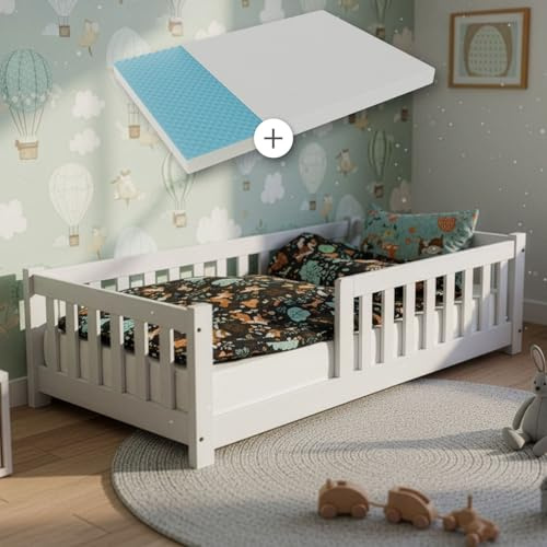 Juskys® Kinderbett Naya, 90 x 200 cm Bett mit Matratze, 90 x 200 cm, Weiß | Rausfallschutz & Lattenrost, Modernes Kinderbodenbett, ideal für 3-10-jährige Kinder, inkl. 16 cm Matratze