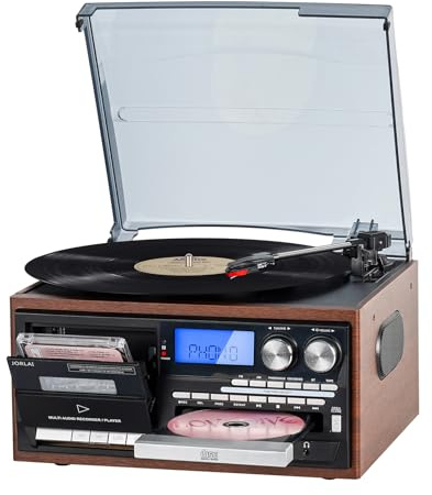 9-in-1 Record Player Bluetooth Turntable with Built-in Stereo Speakers, AM/FM Radio, CD & Cassette Player, USB/SD Playback, Remote Control for Vinyl Lovers and Music Enthusiasts