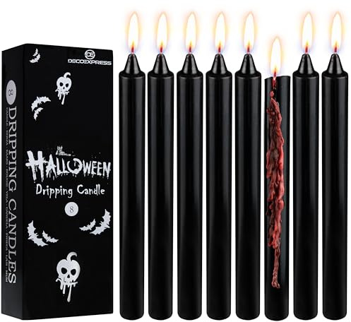 Deco Express Candles Dripping Effect Taper Set of 8 Halloween Black Wax Gothic Decor Horror Party Decorations 5 Hr Burn Tall Candles (Black Drip)