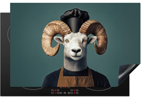 KitchenYeah© Herdabdeckplatte Einteilig Induktionsmatte Küche Abdeckung | 80x52 cm - Ceranfeld Herd Abdeckplatte Deko Vinyl Matte Aufrollbar Ziege - Hörner - Kochkleidung