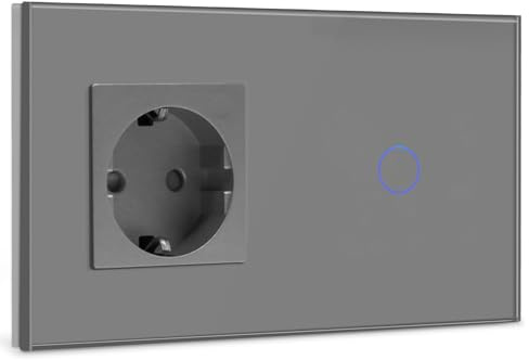 BSEED Enchufe con Interruptor, Interruptor de Luz Táctil de Cristal Switch Empotrado, Enchufe Schuko con 1 Gang 1 Vía Wall Switch Gris(No Smart)