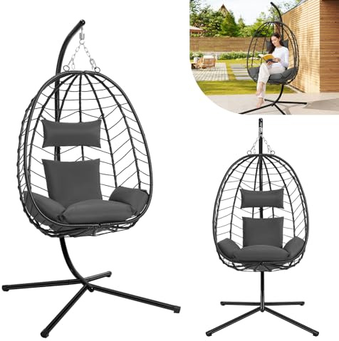 Laneetal Fauteuil Oeuf Suspendu, Chaise Balançoire, avec Support en Métal, Coussin de Siège et Appui-tête, Charge 150kg, Rotin PE, pour Jardin, Balcon, Terrasse, 102x100x196cm, Gris Foncé