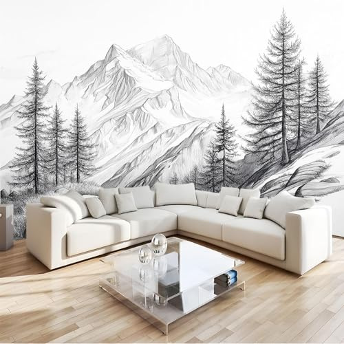 Gris Papier Peint Intissé 3D Style de Croquis Forêt Neige Montagne Papier Peint Intissé 3D Fresque Murale, Décoration Salon Chambre Enfant Fond Tv (Facile À Poser) 350x256 cm