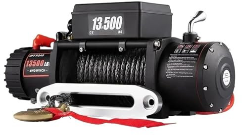 TIEOAXFT Cabrestante eléctrico de 13 500 Libras, 12 V, 27 m/92 pies, Cuerda sintética, polipasto de elevación for remolques de automóviles 4x4, vehículos Todo Terreno, Camiones, Barcos
