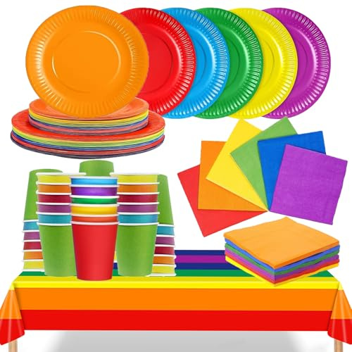 Set di 97 piatti di carta colorati per feste, piatti colorati fare da te in colori arcobaleno, per feste di compleanno