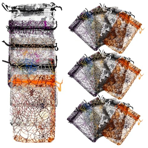 FUNOMOCYA 100piezas Bolsa de Gasa de Telaraña para Regalos Bolsa Cordón para Dulces para Fiestas de Halloween y Almacenamiento de Chuches Color Aleatorio