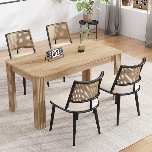 Merax Rattan Esszimmerstühle 4er Set, Küchenstuhl Holz Vintage, Polsterstuhl mit Holzbeinen, Rattan-Rückenlehne & PU-Sitz, für Esszimmer Küche Wohnzimmer, Schwarz