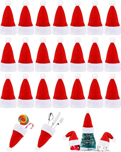 NEBURORA 10 Stück rote Mini-Weihnachtsmützen, 5,11 x 2,36 Zoll, Mini-Weihnachtsmannmützen, Weihnachtsschmuck für Besteckhalter, Besteckständer, Süßigkeitendeckel, Weinflaschendekorationen Party