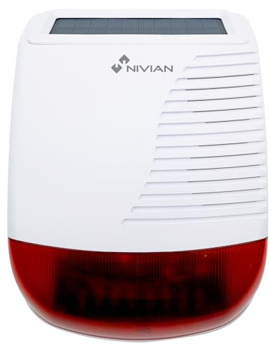 Nivian NVS-SOLARSIREN – Sirène Extérieure sans Fil Solaire 120 DB avec Flash LED Stroboscopique, Compatible Alarmes Nivian 433 MHz, IP65, Batterie Rechargeable, Portée 80 m, Anti-Sabotage