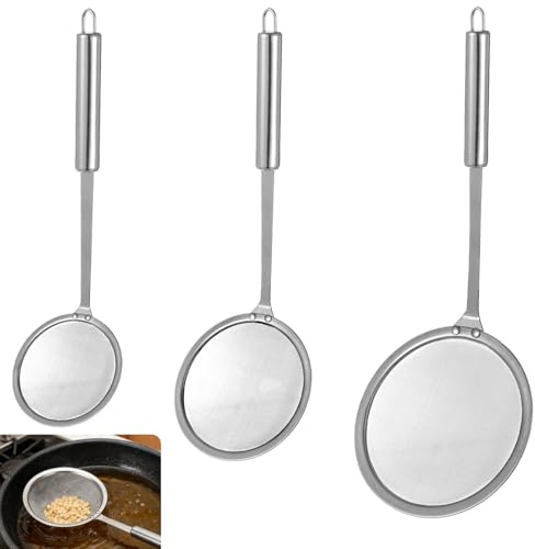 3 Pcs Fine Mesh Skimmer Spoon Set, Multi-Functional Kitchen Cooking Mesh for Skimming Grease and Foam, 3 Sizes Oil Filter Strainer Ladle, 304 Stainless Steel