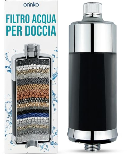 ORINKO Filtre Douche Anti-Chlore - Filtre à Eau Douche Élimine Métaux Lourds et Bactéries - Cartouche 45 400 L - Adoucisseur d'Eau pour Douche - Compatible Tuyau Flexible - Peau et Cheveux Protégés