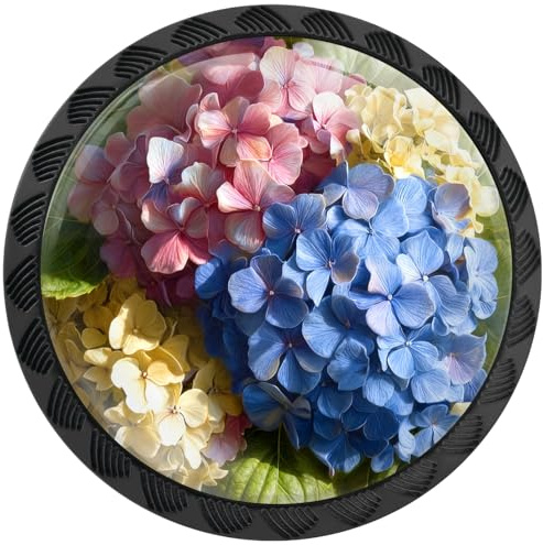 Artinhand Lot de 4 boutons d'armoire en forme de fleur d'hortensia pour cuisine | Poignées de tiroir rondes noires pour armoire, armoire, salle de bain, décoration