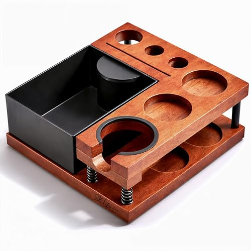 Tamper Station Espresso 51–58 mm – Estación de Tamping Café en Madera Sapeli Premium con Knock Box – Accesorios Barista y Organizador Coffee Station para Portafiltro