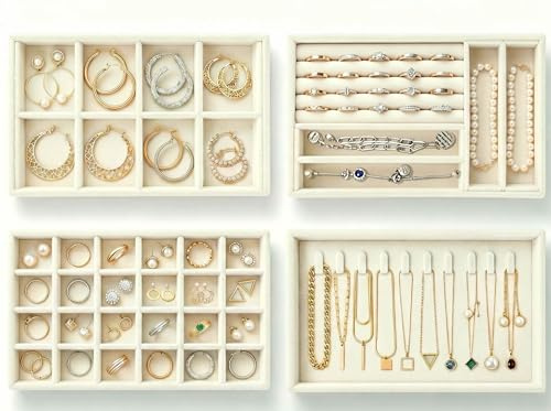 EONGOA 4er-Pack Sammet-Schmucktabletts stapelbar | Beige Schmuckschubladeneinsätze mit abnehmbaren Trennwänden für Ohrringe, Ringe, Halsketten & Armbänder