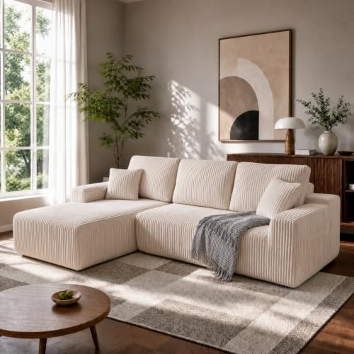 HOMRELEXA 267cm Ecksofa mit Schlaffunktion, Corduroy Boneless Couch, Modulares Schlafsofa L Form, 75cm Sitztiefe, Sofa 3 Sitzer mit Chaiselongue, Montagefrei Wohnlandschaft, Beige