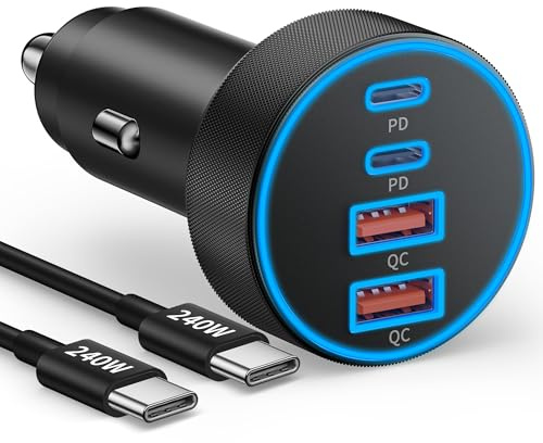 Car Charger USB C Fast Charge, 90W 4-Port Car Phone Charger Super Fast Charging Dual USB-C & USB-A Cigarette Lighter Adapter with 240W Type C Cable for Samsung Galaxy S26/S25/S24/ S23, Pixel, Android