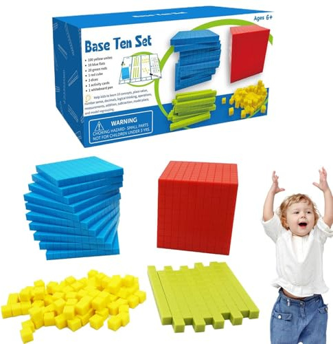 Liakyunf Bloques De Base 10 para Matemáticas, Set De 134 Piezas De Cubo Multibase con Tarjetas Y Dados, Material Didáctico Manipulativo para Aprender Unidades, Decenas, Centenas Y Millares