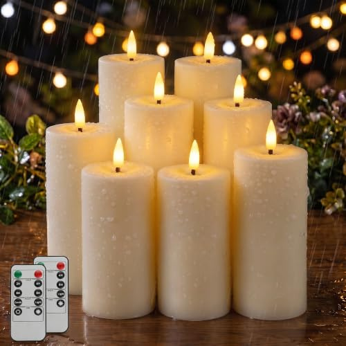 Dehobo Bougie LED Extérieur IP65 Étanche(13,5/15/18/20cm x 5,5cm, Lot De 8) | Bougie LED Flamme Vacillante, Bougies LED Télécommande Avec Minuterie, Adaptées Aux Patios, Mariages, Salons