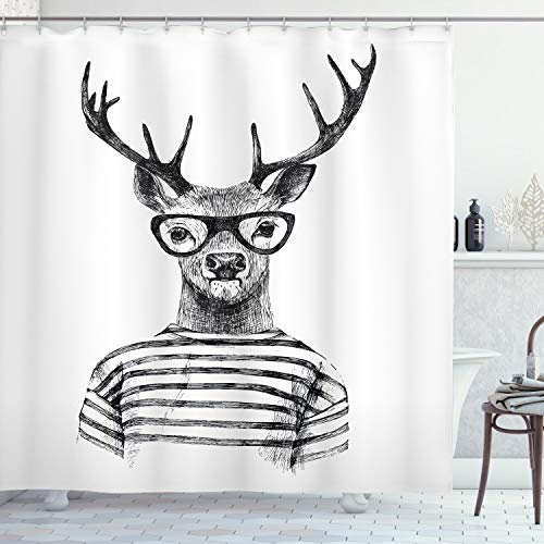 ABAKUHAUS Hirsch Duschvorhang, Rentier-Kopf-menschlicher Hipster, Stoffliches Gewebe Badezimmerdekorationsset mit Haken, 175 x 200 cm, Grau Weiß