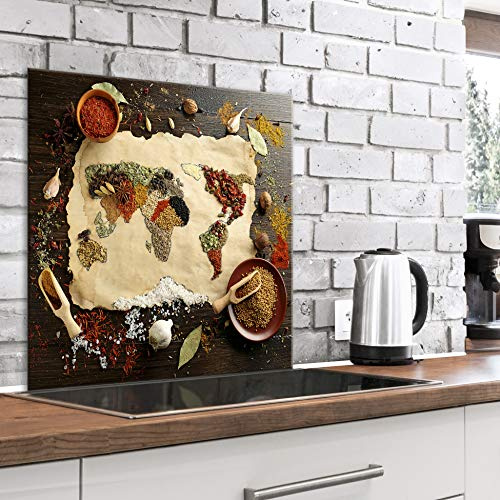 murando Crédence Cuisine en Verre Trempé - Plaque Anti-Projection 60x60 cm | 4 mm, Anti-Éclaboussures, Résiste à la Chaleur, Facile à Nettoyer, Déco Moderne, Carte du Monde des Épices et des Céréales
