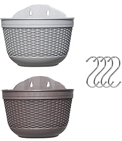 Set of 2 Pcs Hanging Planters Outdoor Hanging Basket Plastic Flower Pot Plants Holder Hanger for Balcony Fence Wall Mounted Planters Hanging Fence Planters with Drainage and Hooks Wall Fence Plant Pot