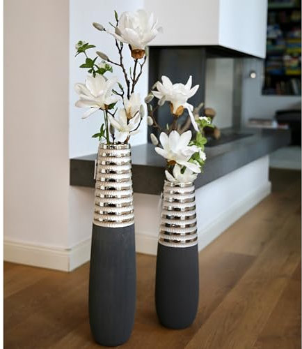 GILDE Deko Vase Bodenvase Newtown - Keramikvase - grau-matt - Silber-glänzend – Vase groß Höhe 50 cm - Breite 15 cm