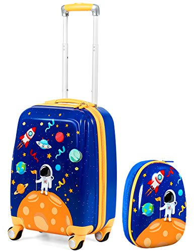 RELAX4LIFE Kinderkoffer + Rucksack, 12 & 18 Kinderkoffer mit 4 Spinnrädern und höhenverstellbarem Griff, Hartschalenkoffer, Kindertrolley für Mädchen, Geschenk für Junge und Mädchen, blau