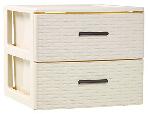 Tradineur - Cajonera de ordenación Rattan de plástico - 2 cajones - Torre de almacenaje multiusos, organizador auxiliar, almacenamiento, baño - 31,5 x 36,5 x 36,5 cm - Color Marfil